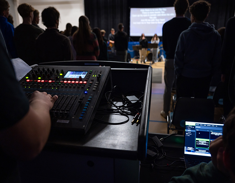 Student working on tech soundboar